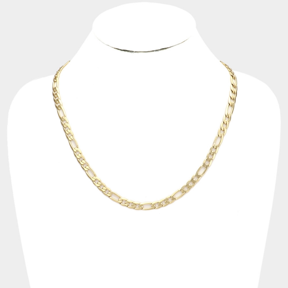 Gold Chain Link Necklace Casual Figaro Stainless Steel Mens Womens Unisex Style - Picture 1 of 8